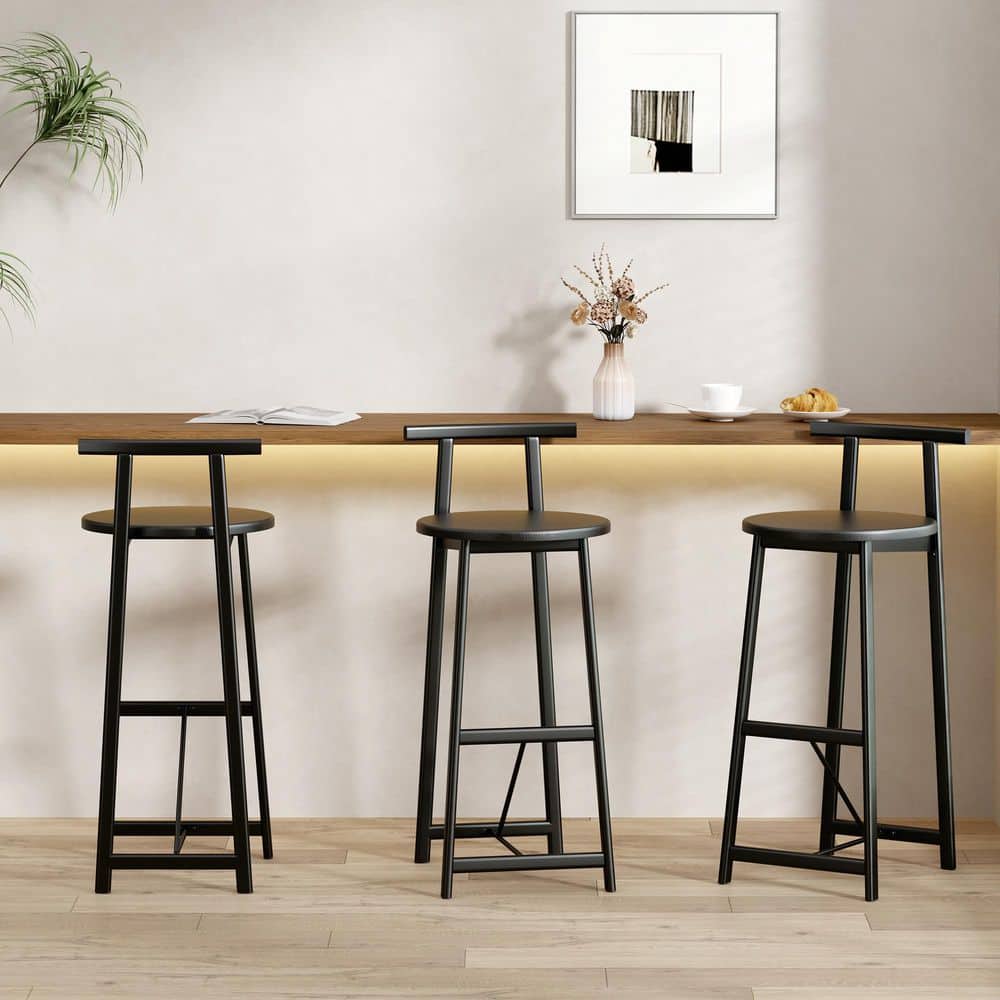 Black Wood Bar Stool Set of 3, Counter Height Barstools with Back Armless D