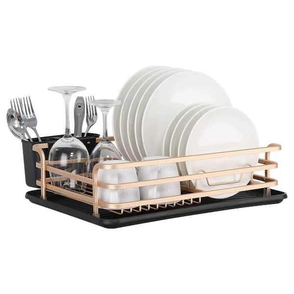 Tomorotec Never Rust Aluminum Dish Rack and Drain Board with Utensil  Holder, 2-Tier Kitchen Plate Cup Dish Drying Rack Tray Cutlery Dish Drainer  (Matt Rose Gold) 