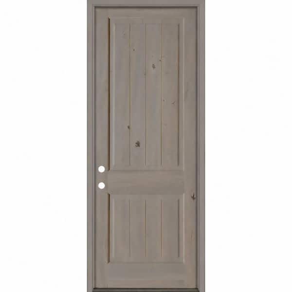 42 in. x 96 in. Knotty Alder Right-Hand/Inswing Sq Top VG BEHR Weathered Gray Stain Exterior Wood Prehung Front Door