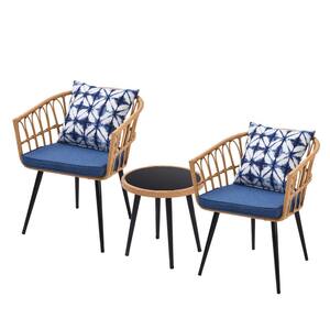 3-Piece Black Metal and Wicker Patio Conversation Set with Blue Cushions