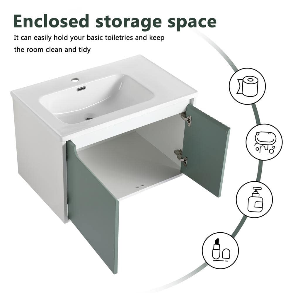 Mint Green Plywood Floating Single Sink Vanity with White Ceramic Top