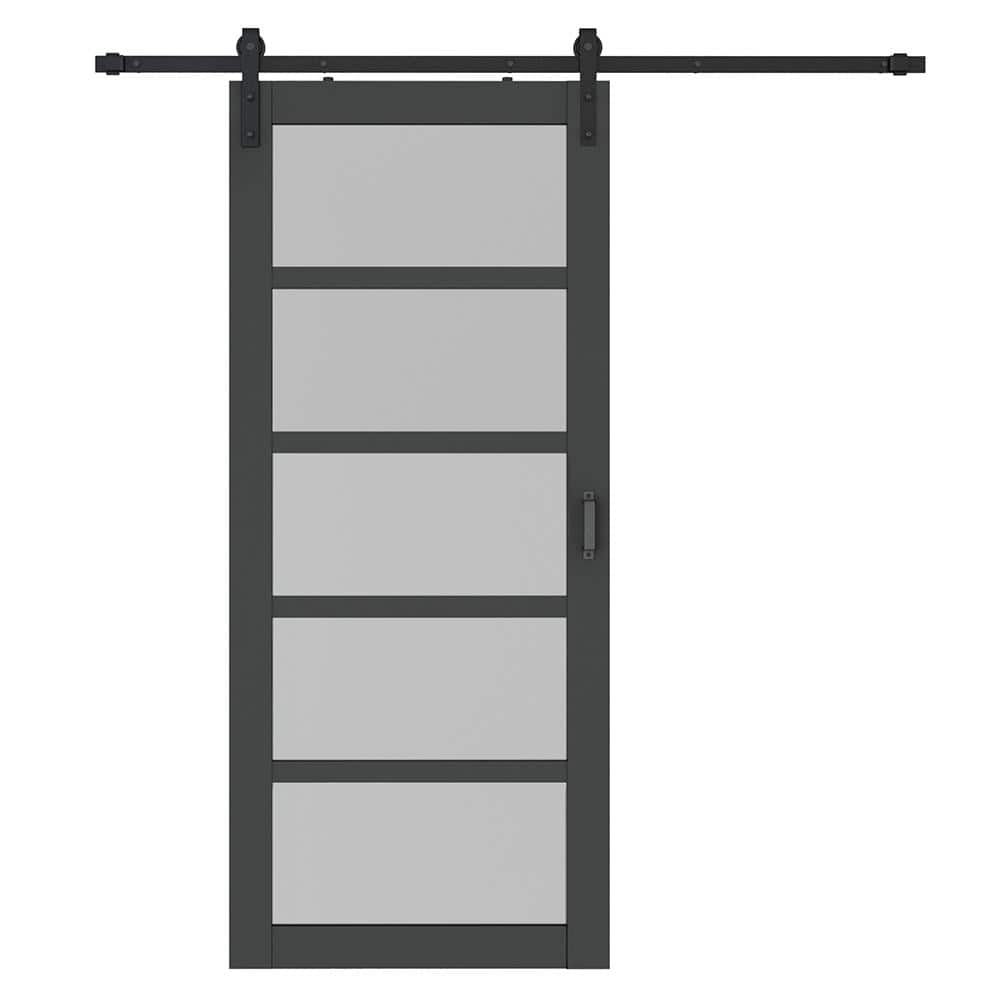36 in. x 84 in. 5 Lite Pre Assembled Frosted Glass Black MDF Interior Sliding Barn Door with Hardware Kit Door Handle price history on PriceWatchPro