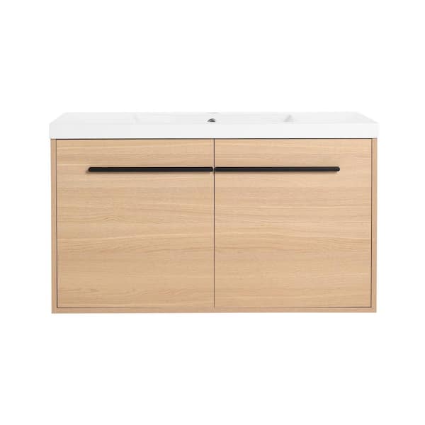 35.43 in. W. x 18.11 in. D x 20.47 in. H Wall-Mounted Bath Vanity in Light Brown with White Resin Vanity Top