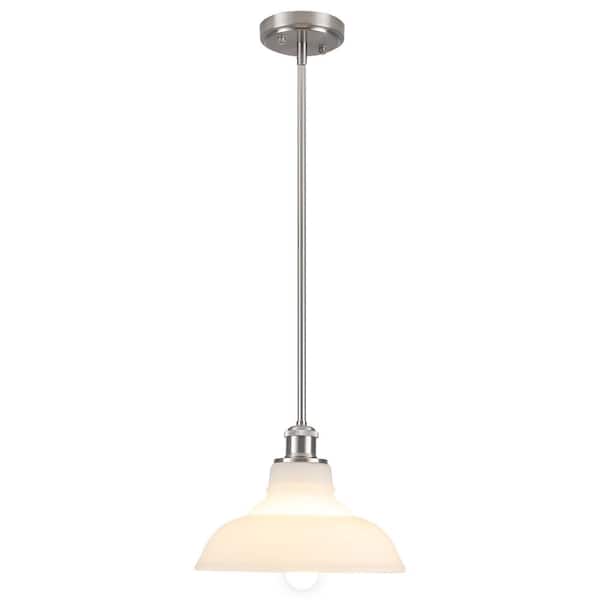 60-Watt 1-Light Nickel and Milk White Dome Shaded Pendant Light with Cream Glass Shade, No Bulbs Included