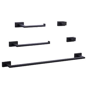 5-Piece Bath Hardware Set with Towel Bar, 2-Robe Hook and Double Toilet Paper Holder in Matte Black