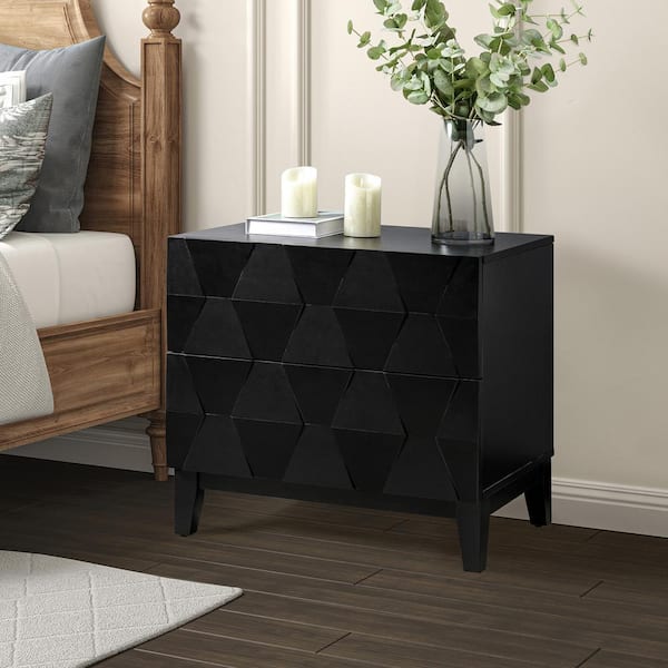 JAYDEN CREATION Diana Black 2-Drawer Storage Nightstand with Adjustable Legs and Charging Station