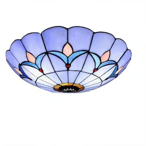 11.81 in. 2-Light Blue Modern Mediterranean Flush Mount Ceiling Light with Stained Glass Shade, No Bulbs Included