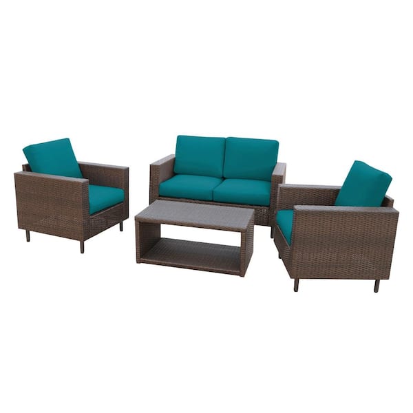 Leisure Made Draper 4-Piece Wicker Patio Conversation Set with Peacock Cushions