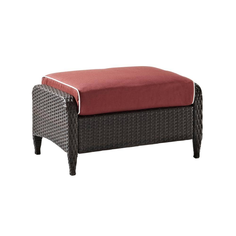 Kiawah Wicker Outdoor Ottoman with Sangria Cushions -  CROSLEY FURNITURE, KO70067BR-SG