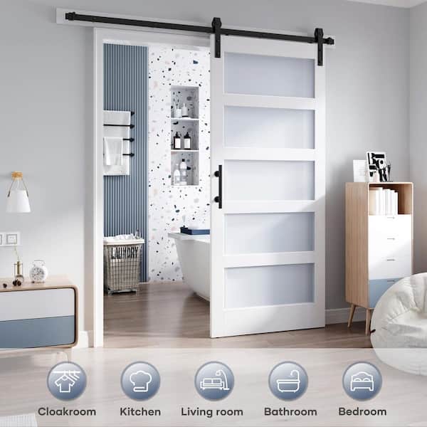 40 in. x 84 in. 5-Lite Tempered Frosted Glass White Finished Solid Core MDF Wood Sliding Barn Door with Hardware Kit