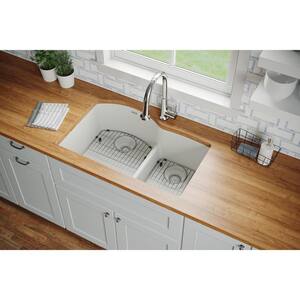 Quartz Classic White Quartz 33 in. 60/40 Double Bowl Undermount Kitchen Sink with Faucet, Bottom Grid and Drain