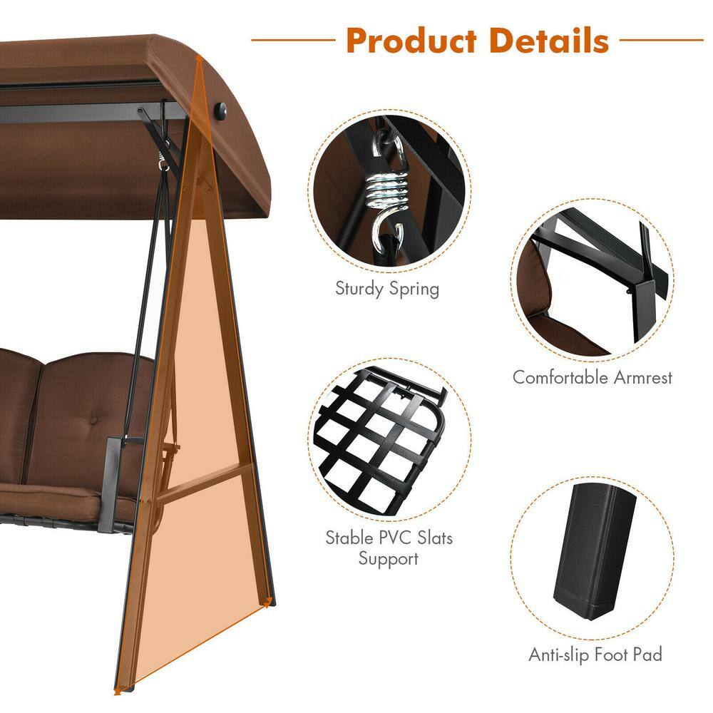 Brown Steel 3-Person Outdoor Swing with Adjustable Canopy