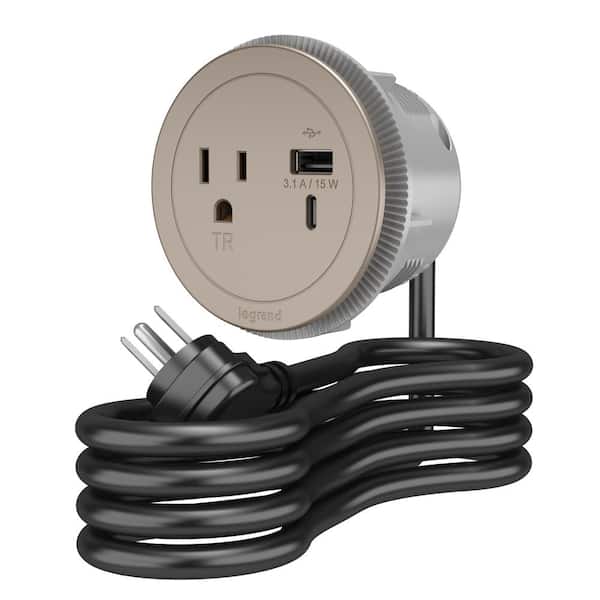 Round 15 Amp 1-Outlet and 2 Type A/C USB Nickel Recessed Furniture Power Strip with 6 Ft. Cord