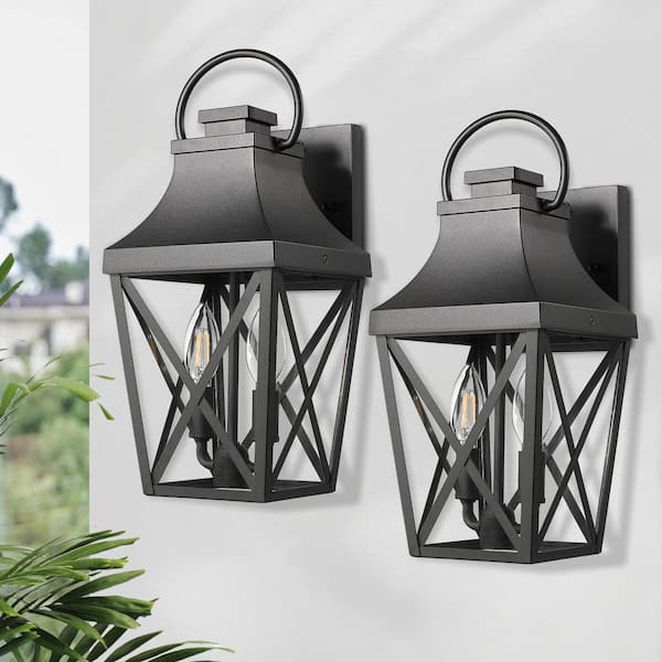 GMGSROM 15.9 in. 1-Light Weathered Matte Black Hardwired Outdoor Wall Light Lantern Porch Sconce with Clear Glass (2-Pack)