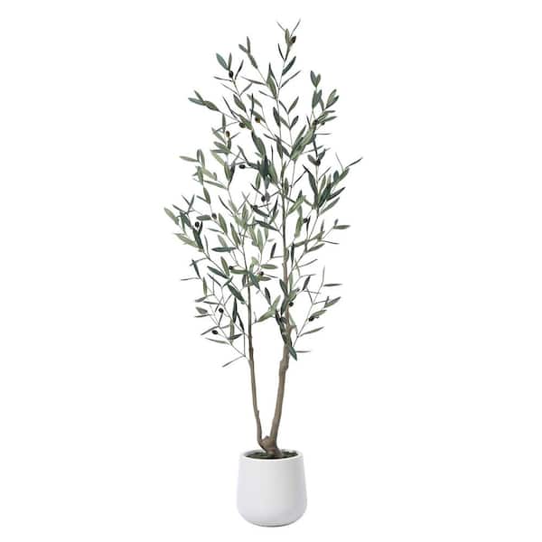 DR.Planzen 5 ft. Faux Olive Tree with Round White Planter, Pre Potted Fake Greenery Olive Plant for Home Decor