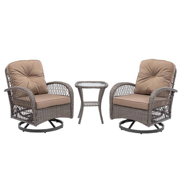Zeus & Ruta 3-Piece Wicker Patio Conversation Set Swivel Rocker, 360° Rocking with Khaki Cushions and Glass Coffee Table