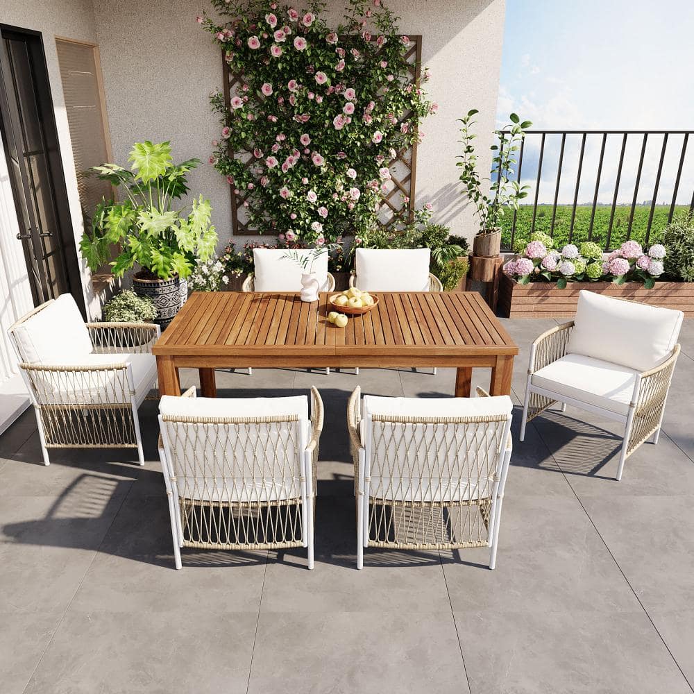 7-Piece Wood Outdoor Dining Set with Beige Cushions
