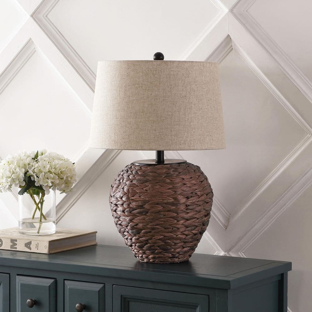Dark Brown Water Hyacinth Basket Table Lamp with Beige Linen Shade