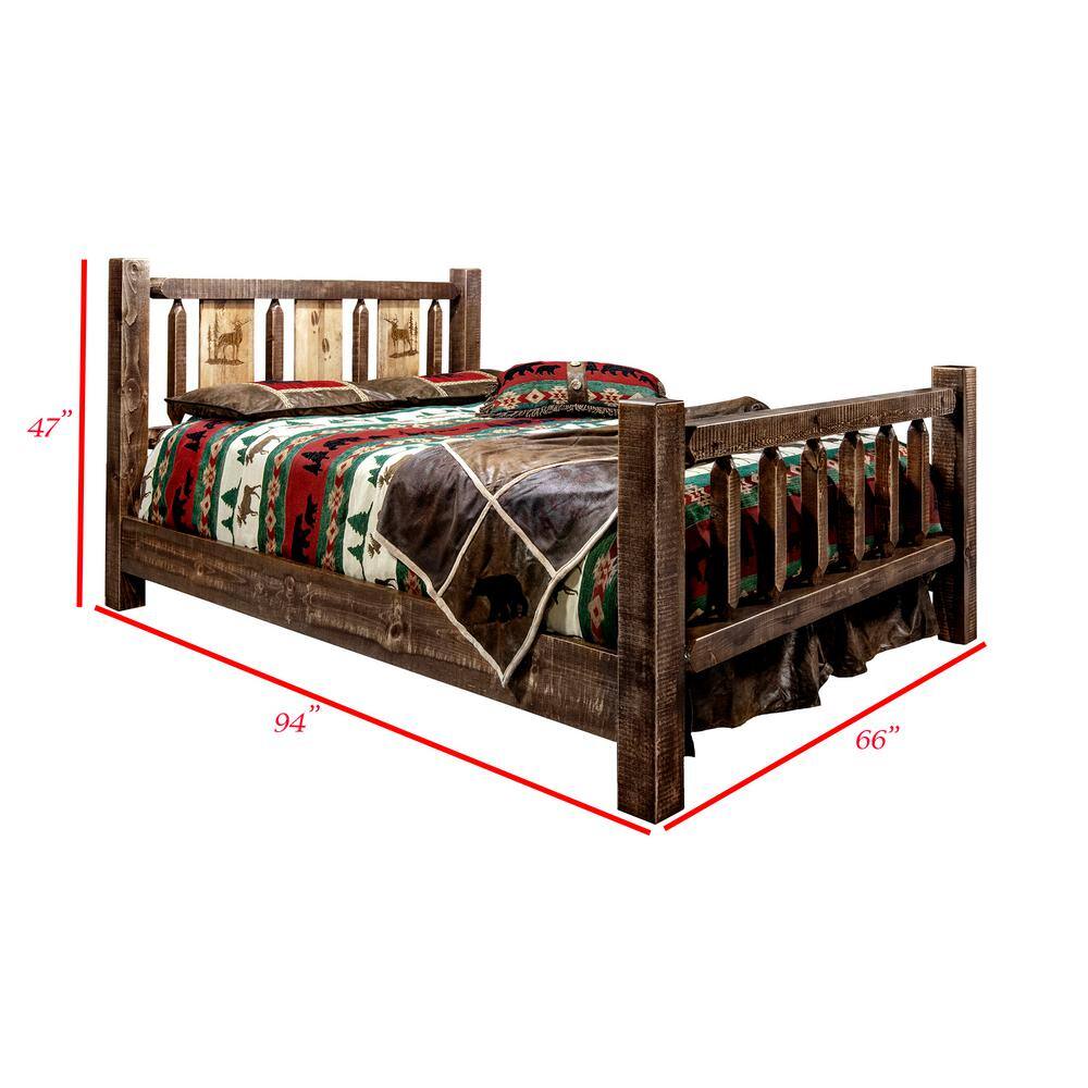 Queen Early American Pine Wood Panel Bed with Elk Motif