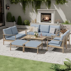 7-Piece Aluminum Patio Conversation Set, 3-Seat Outdoor Couch and Loveseat with Ottomans, Coffee Table and Blue Cushions