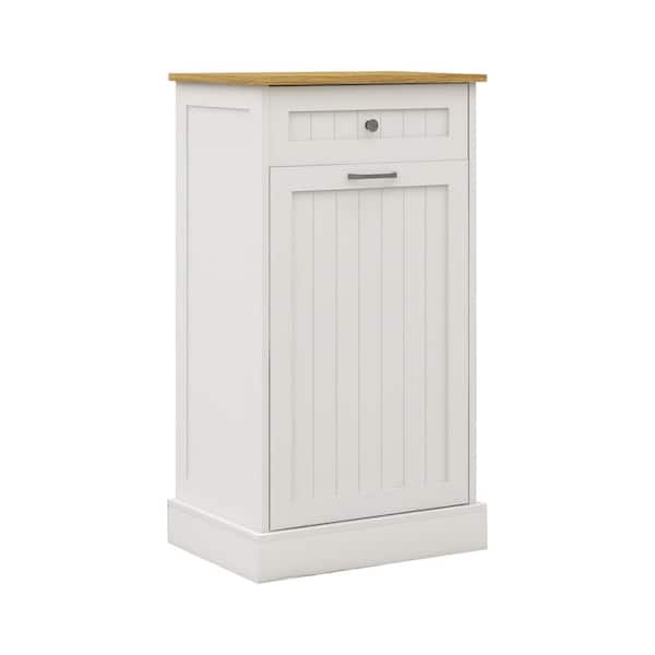 Tatahance White Wood 35.4 in. H Trash Cabinet Storage Cabinet with Tilt-Out Compartment and Drawer