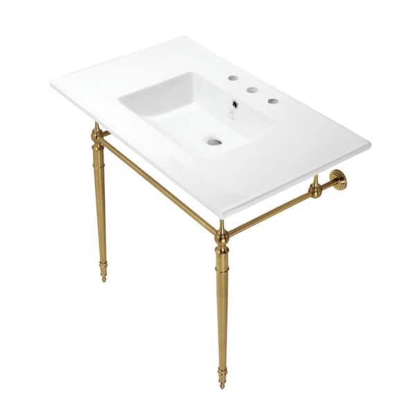 Kingston Brass Edwardian Ceramic Console Sink Basin and Leg Combo in White/Brushed Brass