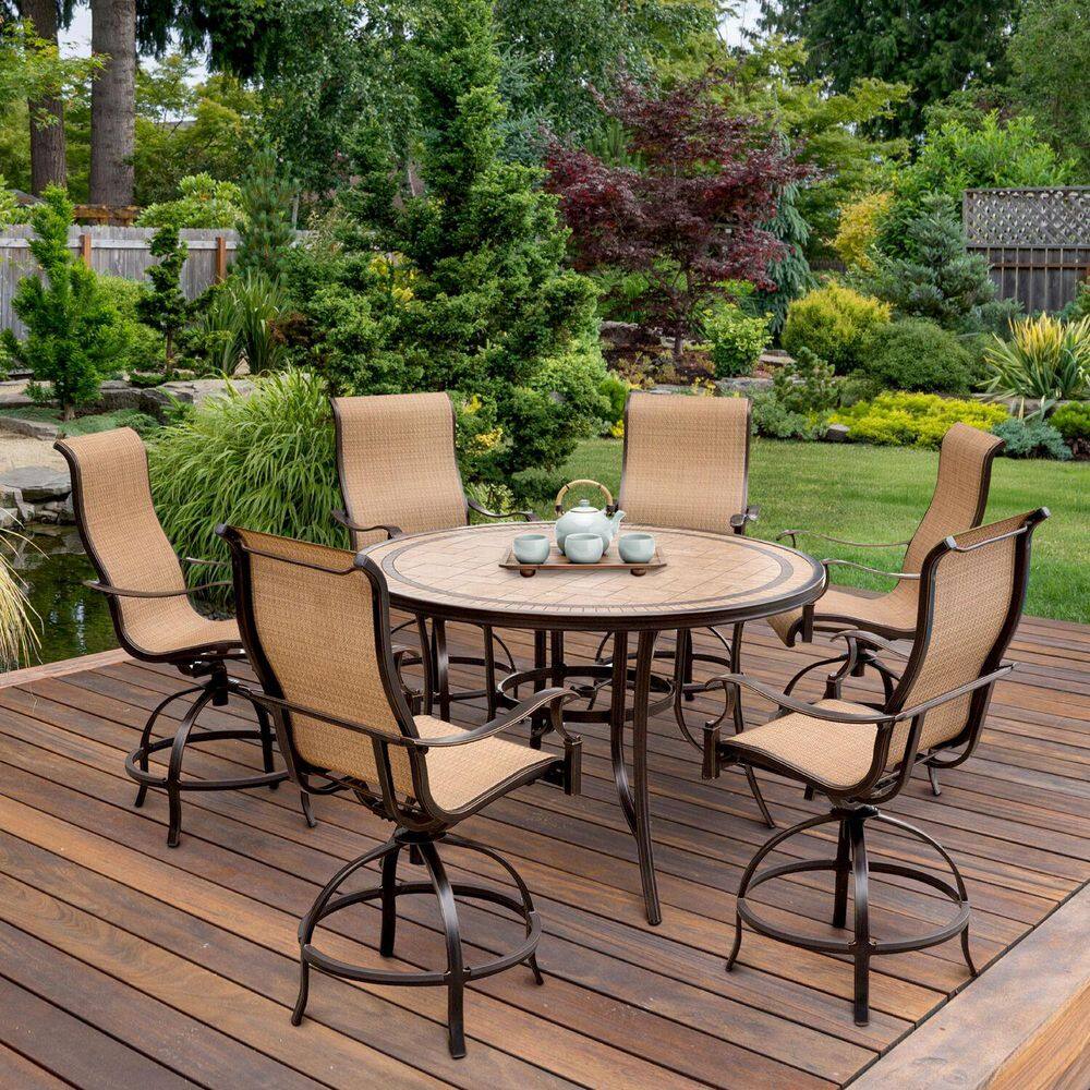 Monaco Tan and Bronze Aluminum 7-Piece High-Dining Set with Round Tile-Top Table