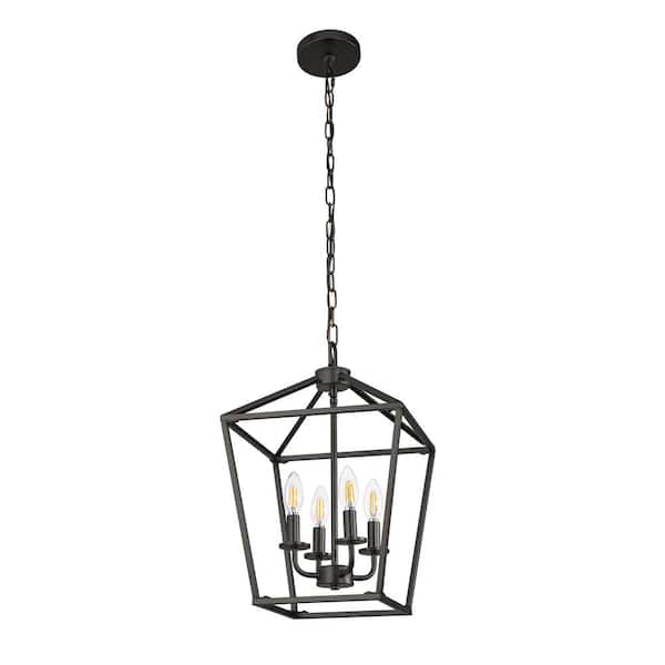 Briignite 8 in. Black 4-Light Geometric Open Cage Pendant Chandelier for Dining Room and House Foyer Lighting