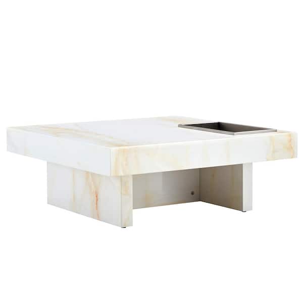 Polibi 31.4 in. White Square Faux Marble Coffee Table with Marble Pattern