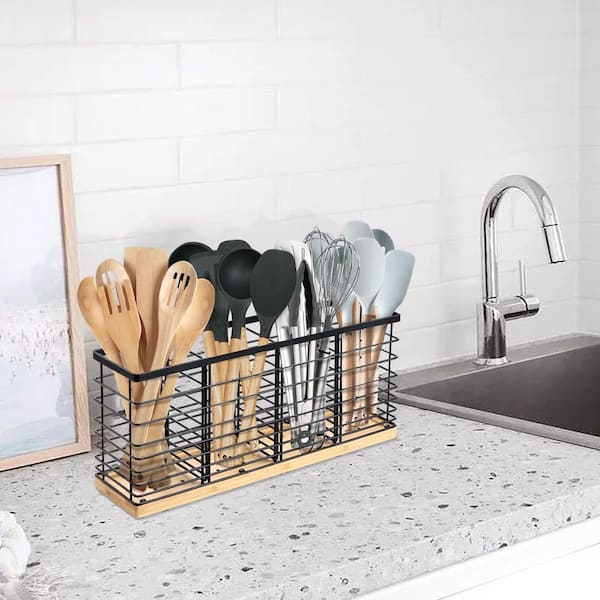 Matte Black Metal Kitchen Utensil Holder with 4-Compartments, Cooking Utensil Storage with Wooden Base for Countertop