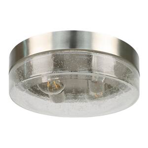 10.75 in. 2-Light Silver Flush Mount Ceiling Light with Seeded Glass Shade and No Bulbs Included