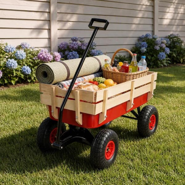 Outdoor Garden Wagon Cart with Wood Railing, All Terrain Air Tires and Adjustable Handle, Red
