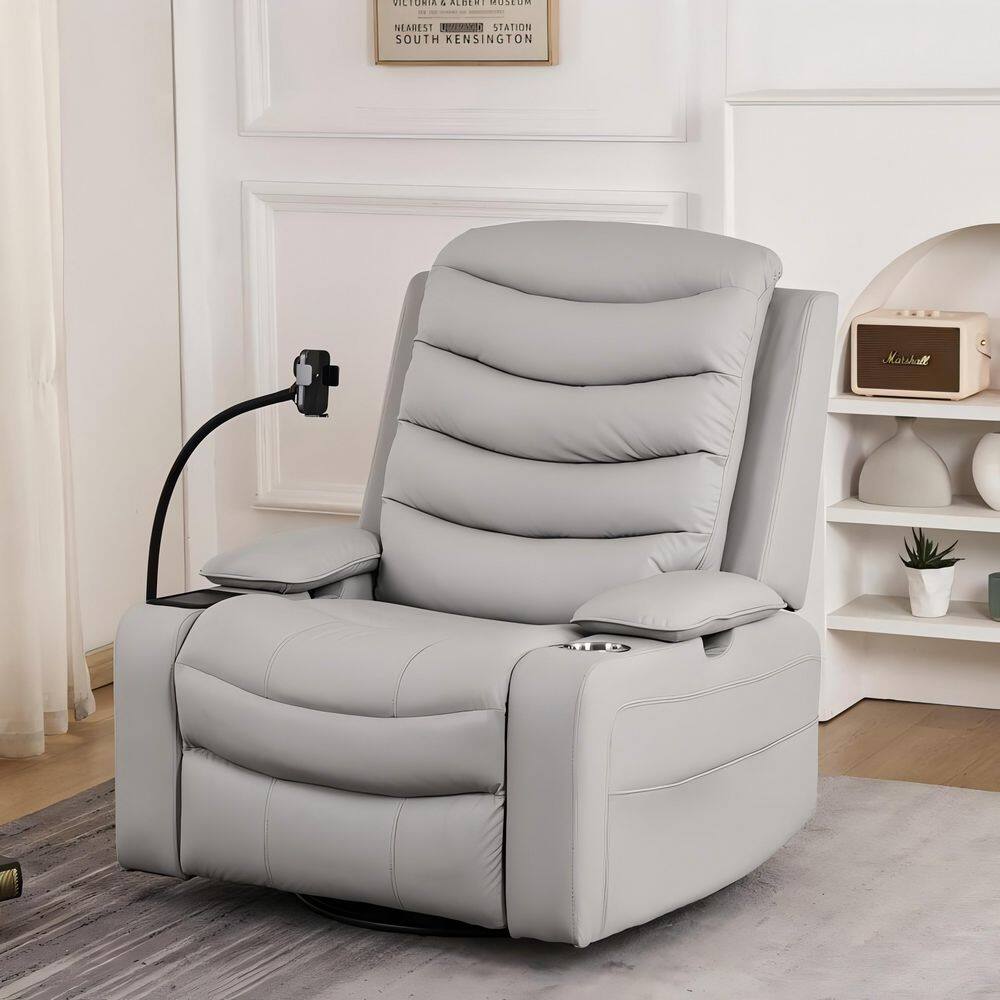 28 in. Grey PU Leather Power Swivel Recliner Chair with Heat and Cooling Cup Holders