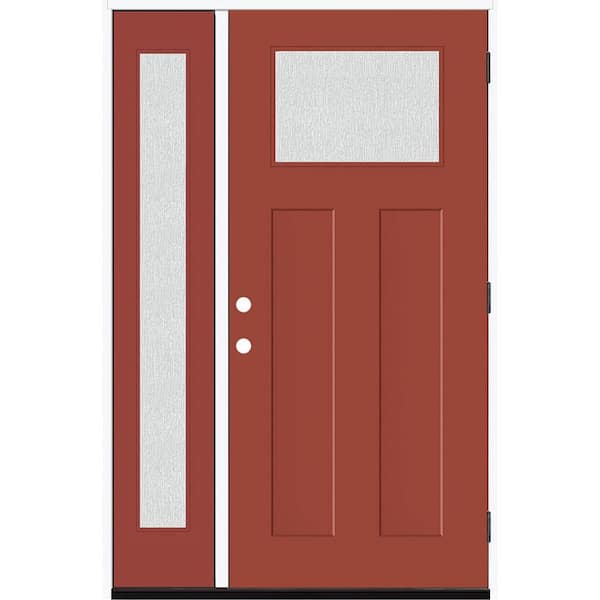 Steves & Sons Legacy 53 in. x 80 in. 1/4 Toplite Rain Glass LHOS Primed Morocco Red Finish Fiberglass Prehung Front Door w/14 in. SL