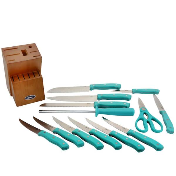 Oster Evansville 14 Piece Stainless Steel Kitchen Knife Cutlery Set,  Turquoise