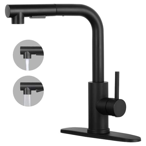 Single Handle Kitchen Faucet Pull Out Sprayer Kitchen Faucet with Deckplate Included in Matte Black