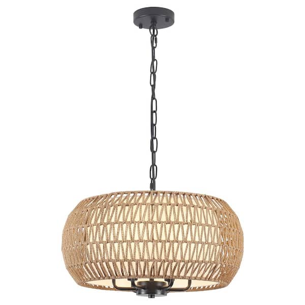 6-light Black Bohemian Drum Chandelier with Straw Woven Shade for Kitchen Island