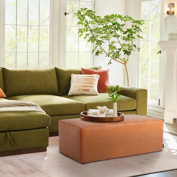 Uixe 44 in. Wide Mid-Century Brown Genuine Leather Rectangle Ottoman(Set of 1)