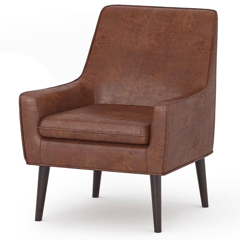Distressed Saddle Brown Faux Leather Accent Chair with Wood Legs