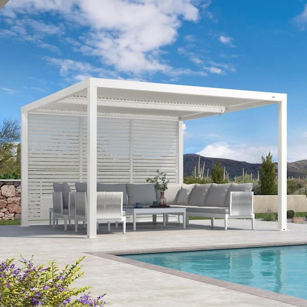 12 ft. x 12 ft. White Aluminum Louvered Pergola with 2-Adjustable Sunshade Roofs and 1-Long Side Fixed Shutter Wall
