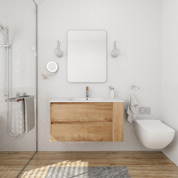FUNKOL 36 in. W x 18.1 in. D x 19.4 in. H Floating Mounted Bathroom Vanity in Wooden with 1 White Ceramic Sink and Adjust Shelf
