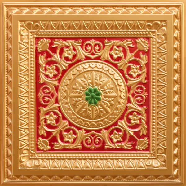 Dundee Deco Falkirk Perth Gold-Red-Green 2 ft. x 2 ft. Decorative Victorian Glue Up or Lay In Ceiling Tile (200 sq. ft./case)