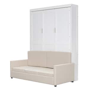 White Wood Frame Queen Size Murphy Bed with Seat Cushions