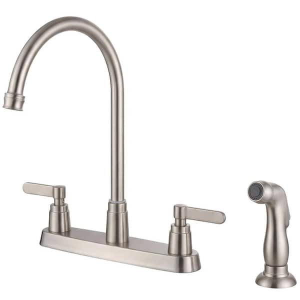 2-Handles Deck Mount 8 Inch Centerset Standard Kitchen Faucet with Side Sprayer 3 Hole or 4 Hole in Brushed Nickel