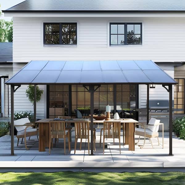 Runesay 10 ft. x 14 ft. Gray Metal Outdoor Patio Heavy Duty Wall-Mounted Lean to Awning Pergola Gazebo with Roof for Backyard