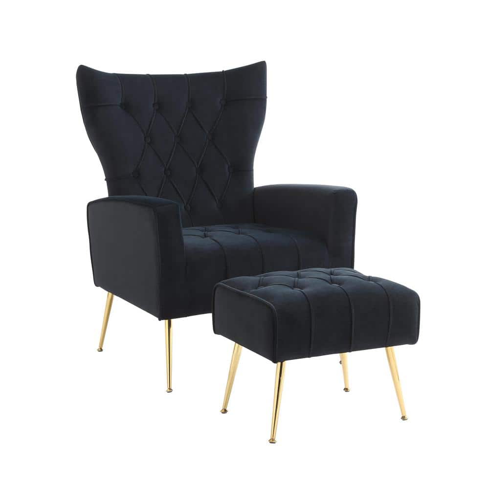 Black Velvet Accent Chair with Ottoman Modern Upholstered Modern Single Sof