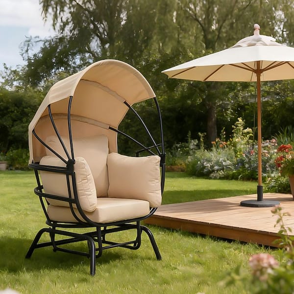 36 in. W Taupe Cushions Outdoor Rocking Egg Chair with Canopy, Black Steel Frame, Patio Rocker