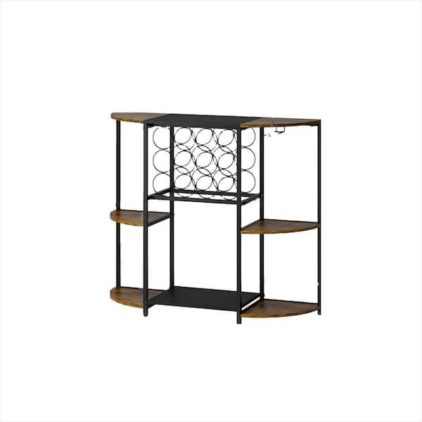 3-Tier Rustic Brown 35 in. W 12 Bottle Wine Rack with Storage and Glass Holder, LED Lights Bar Table for Kitchen