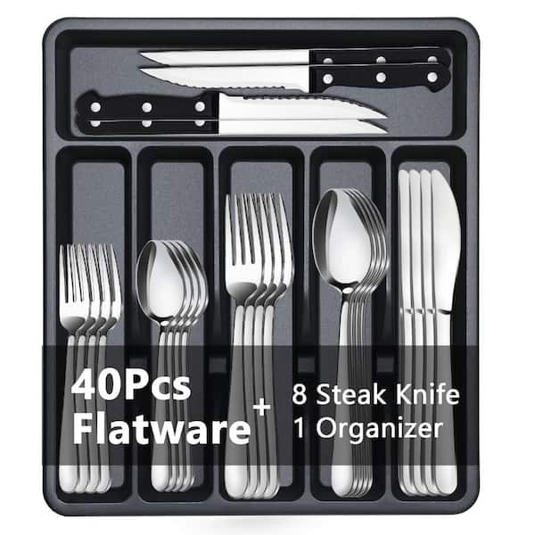 Stainless Steel Silverware Set for 8 with Steak Knives and 5-Compartment Drawer Organizer, 49-Piece Mirror