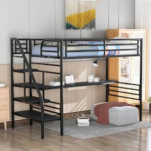 Black Twin Size Metal Loft Bed with Desk and Stairs